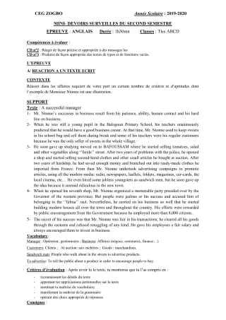 Première page de Anglais Tle A1, Tle A2, Tle B, Tle C, Tle D — Devoir surveillé, 2e semestre (2019-2020) · CEG ZOGBO