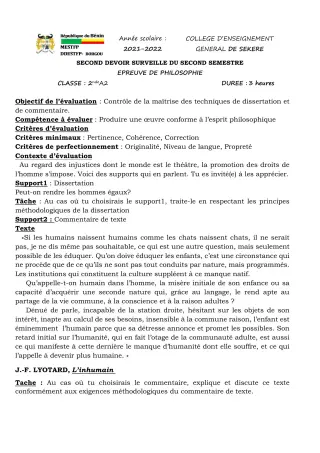 Première page de Philosophie 2nde A2 — 2e devoir surveillé, 2e semestre (2021-2022) · CEG SEKERE
