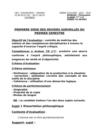 Première page de Philosophie Tle C, Tle D — 1er devoir surveillé, 1er semestre (2021-2022) · CEG Kouhounou-Vêdoko