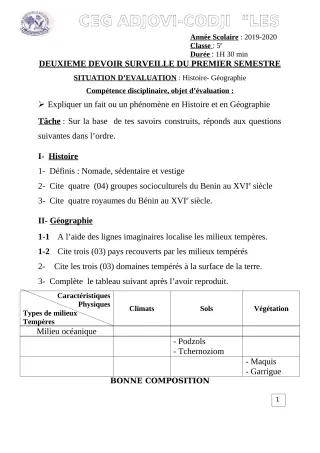Première page de Histoire-Géographie 5e — 2e devoir surveillé, 1er semestre (2019-2020) · CEG ADJOVICODJI 'LES OLIVIERS'