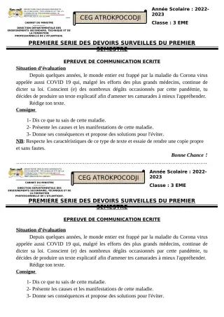 Première page de Français 3e — 1er devoir surveillé, 1er semestre (2022-2023) · CEG ATROKPOCODJI