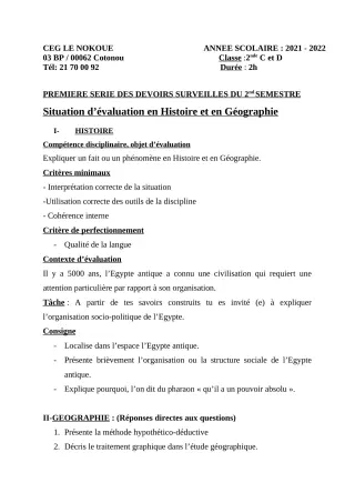 Première page de Histoire-Géographie 2nde C, 2nde D — 1er devoir surveillé, 2e semestre (2021-2022) · CEG LE NOKOUE
