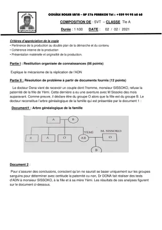 Première page de SVT Tle A1, Tle A2, Tle B — Composition (2020-2021) · CPEG Roger LAFIA