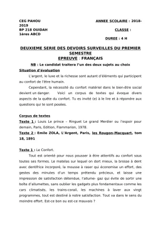 Première page de Français 1ère A1, 1ère A2, 1ère B, 1ère C, 1ère D — 2e devoir surveillé, 1er semestre (2018-2019) · CEG PAHOU