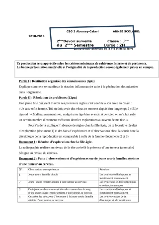 Première page de SVT 3e, 3e ML — Devoir surveillé, 2e semestre (2018-2019) · CEG2 ABOMEY - CALAVI (CEG ZOCA)