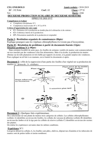 Première page de SVT 2nde D — 2e production scolaire, 2e semestre (2018-2019) · CEG ONIGBOLO