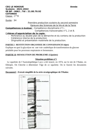 Première page de SVT 1ère D — 1re production scolaire, 2e semestre (2021-2022) · CEG LE NOKOUE