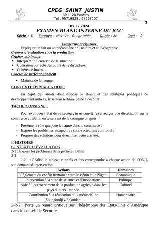 Première page de Devoir surveillé de HIST-GEO — Tle A2, Tle B, Tle C, Tle D — CPEG SAINT Justin (2023)