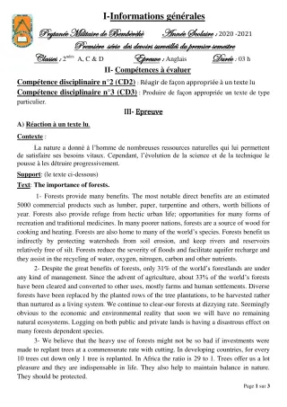 Première page de Anglais 2nde A2, 2nde C, 2nde D — 1er devoir surveillé, 1er semestre (2020-2021) · PMB