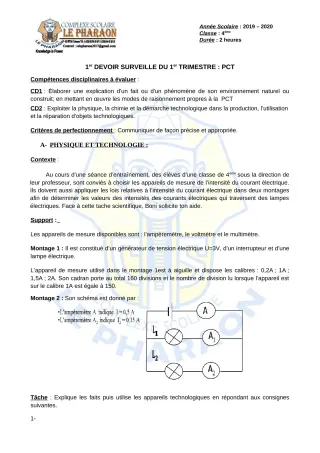 Première page de PCT 4e — 1er devoir surveillé, 1er trimestre (2019-2020) · CPEG LE PHARAON