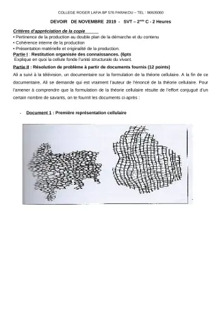 Première page de SVT 2nde C — Devoir surveillé (2019-2020) · CPEG Roger LAFIA