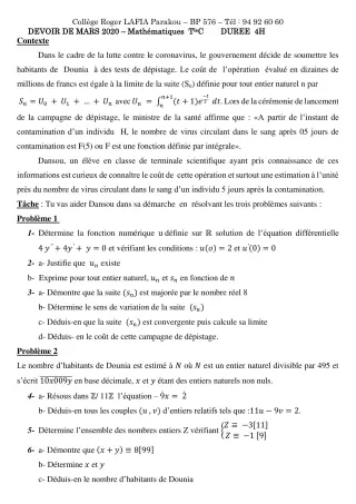 Première page de Mathématiques Tle C — Devoir surveillé (2019-2020) · CPEG Roger LAFIA