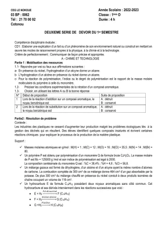Première page de PCT 1ère D — Composition, 1er semestre (2022-2023) · CEG LE NOKOUE