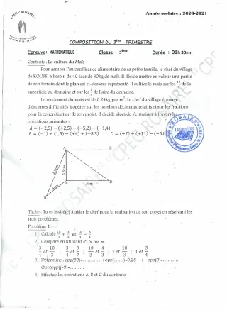 Première page de Mathématiques 5e — Composition, 3e trimestre (2020-2021) · CPEG ROSAIRE