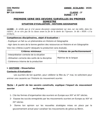 Première page de Histoire-Géographie 3e, 3e ML — 1er devoir surveillé, 1er semestre (2020-2021) · CEG PAHOU