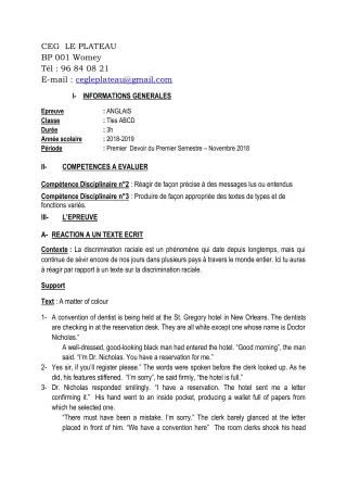 Première page de Anglais Tle B — 1er devoir surveillé, 1er semestre (2018-2019) · CEG Le Plateau
