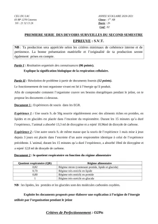 Première page de SVT 1ère A2, 1ère B — 1er devoir surveillé, 2e semestre (2020-2021) · CEG du Lac