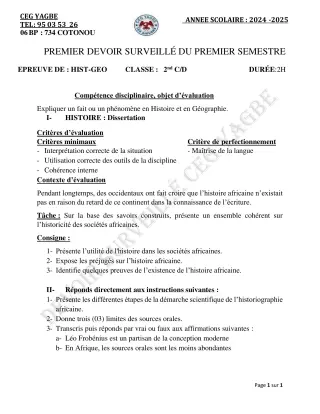 Première page de Histoire-Géographie 2nde C, 2nde D — 1er devoir surveillé, 1er semestre (2024-2025) · CEG Yagbe