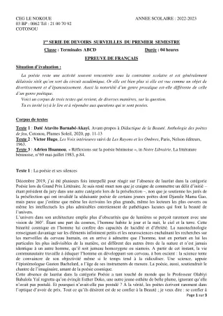Première page de Français Tle A2, Tle B, Tle D — 1er devoir surveillé, 1er semestre (2022-2023) · CEG LE NOKOUE