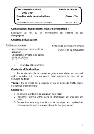Première page de Histoire-Géographie Tle B — 1re évaluation sommative, 1er semestre (2023-2024) · CEG2 ABOMEY - CALAVI (CEG ZOCA)