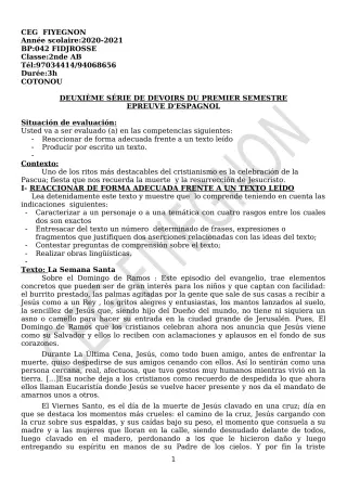 Première page de Espagnol 2nde A2, 2nde B — 2e devoir surveillé, 1er semestre (2020-2021) · CEG FIYEGNON