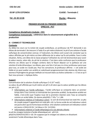 Première page de PCT Tle C — 1er devoir surveillé, 1er semestre (2018-2019) · CEG du Lac