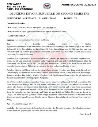 Première page de Allemand Tle A2, Tle B — 2e devoir surveillé, 2e semestre (2023-2024) · CEG Yagbe
