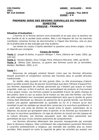 Première page de Français Tle A1, Tle A2, Tle B, Tle C, Tle D — 1er devoir surveillé, 1er semestre (2020-2021) · CEG PAHOU