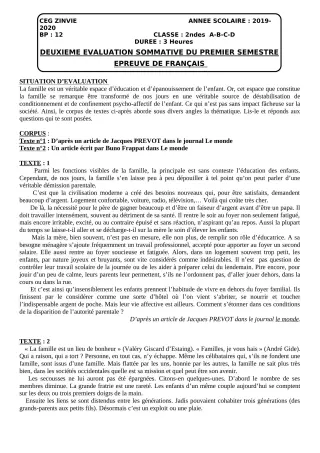 Première page de Français 2nde A, 2nde A2, 2nde B, 2nde C, 2nde D — 2e évaluation sommative, 1er semestre (2019-2020) · CEG Zinvié