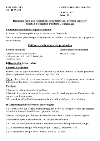 Première page de Histoire-Géographie 4e, 4e ML — 2e évaluation sommative, 1er semestre (2018-2019) · CEG ADJAGBO