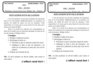 Première page de Français 6e, 5e, 4e, 4e ML — Devoir surveillé (2019-2020) · CEG1 Kalalé