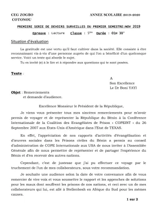 Première page de Français 5e — 1er devoir surveillé, 1er semestre (2019-2020) · CEG ZOGBO