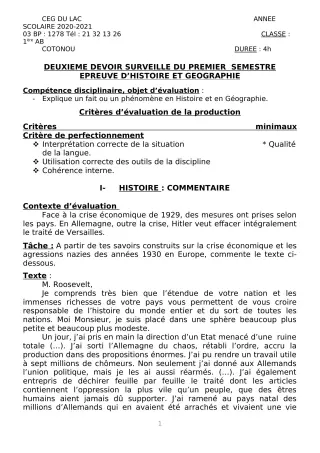Première page de Histoire-Géographie 1ère A2, 1ère B — 2e devoir surveillé, 1er semestre (2020-2021) · CEG du Lac