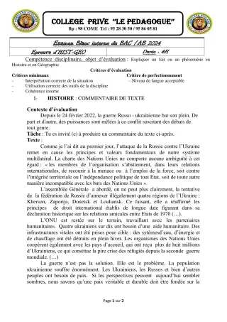 Première page de Examen Blanc de HIST-GEO — Tle A2, Tle B — CPEG le PEDAGOGUE (2023)