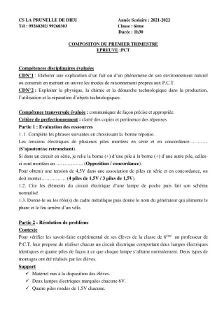 Première page de PCT 6e, 5e, 4e, 4e ML, 3e, 3e ML — 1er trimestre (2021-2022) · CEPG La Prunelle de Dieu