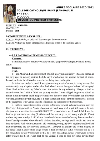 Première page de Anglais 1ère A1, 1ère A2, 1ère C, 1ère D — Devoir surveillé, 1er trimestre (2020-2021) · CCJPII DJOUGOU