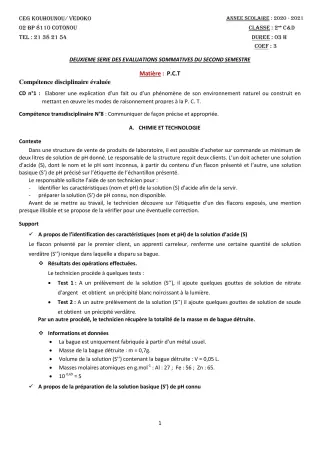 Première page de PCT 2nde C, 2nde D — 2e évaluation sommative, 2e semestre (2020-2021) · CEG Kouhounou-Vêdoko