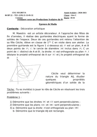 Première page de Mathématiques 1ère C — 1re production scolaire, 1er semestre (2020-2021) · CEG SEGBEYA
