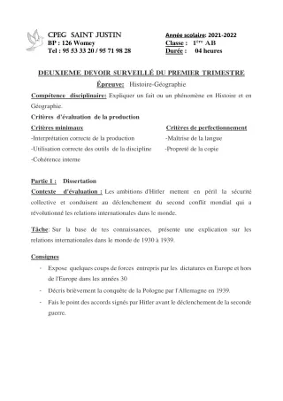 Première page de Histoire-Géographie 1ère A2, 1ère B — 2e devoir surveillé, 1er trimestre (2021-2022) · CPEG SAINT Justin
