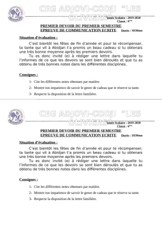Première page de Français 6e — 1er devoir surveillé, 1er semestre (2019-2020) · CEG ADJOVICODJI 'LES OLIVIERS'