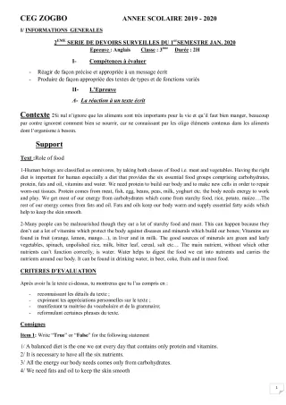 Première page de Anglais 3e, 3e ML — 2e devoir surveillé (2019-2020) · CEG ZOGBO