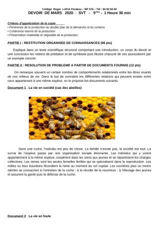 Première page de SVT 5e — Devoir surveillé (2019-2020) · CPEG Roger LAFIA
