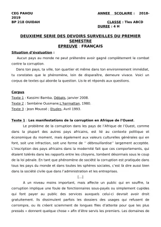 Première page de Français Tle A1, Tle A2, Tle B, Tle C, Tle D — 2e devoir surveillé, 1er semestre (2018-2019) · CEG PAHOU
