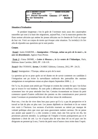 Première page de Français 1ère A1, 1ère A2, 1ère B, 1ère C, 1ère D — 2e devoir surveillé, 1er semestre (2018-2019) · CEG2 ABOMEY - CALAVI (CEG ZOCA)