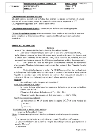Première page de PCT 1ère D — 1er devoir surveillé, 1er semestre (2020-2021) · CEG SEKERE