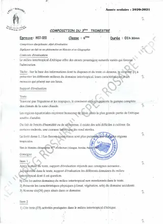 Première page de Histoire-Géographie 6e — 1re composition (2020-2021) · CPEG ROSAIRE