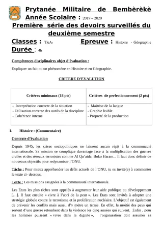 Première page de Histoire-Géographie Tle A — 1er devoir surveillé, 2e semestre (2019-2020) · PMB