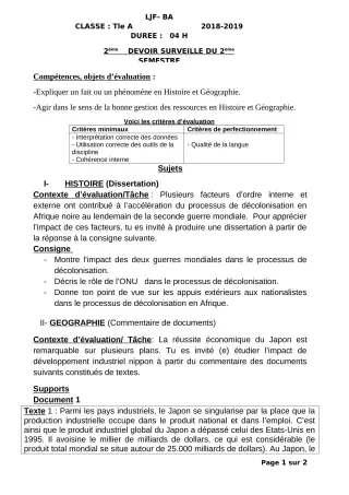 Première page de Histoire-Géographie Tle A2 — Devoir surveillé, 2e semestre (2018-2019) · LJF-B/A