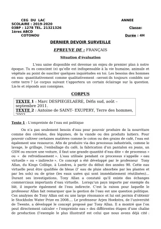 Première page de Français 1ère B — Devoir surveillé (2019-2020) · CEG du Lac