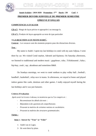 Première page de Anglais 5e — 1er devoir surveillé, 1er semestre (2019-2020) · CEG ADJOVICODJI 'LES OLIVIERS'